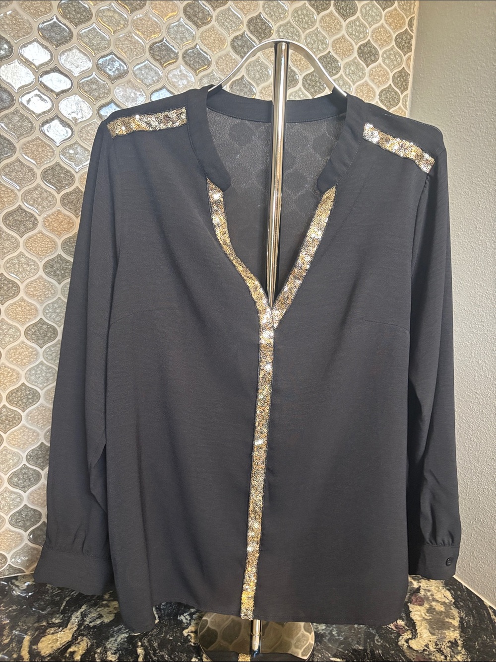 Women's Black Long-Sleeve Sequin-Trim Tee
